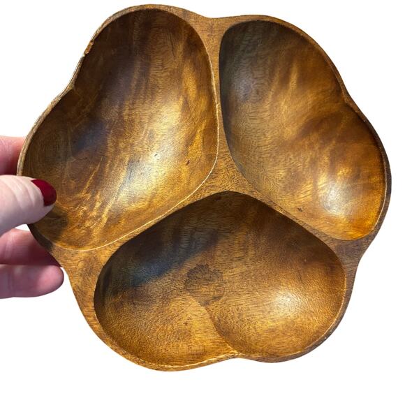 Carved wood 3-section snack serving tray bowl & matching mini wooden spoons set - Picture 6 of 8